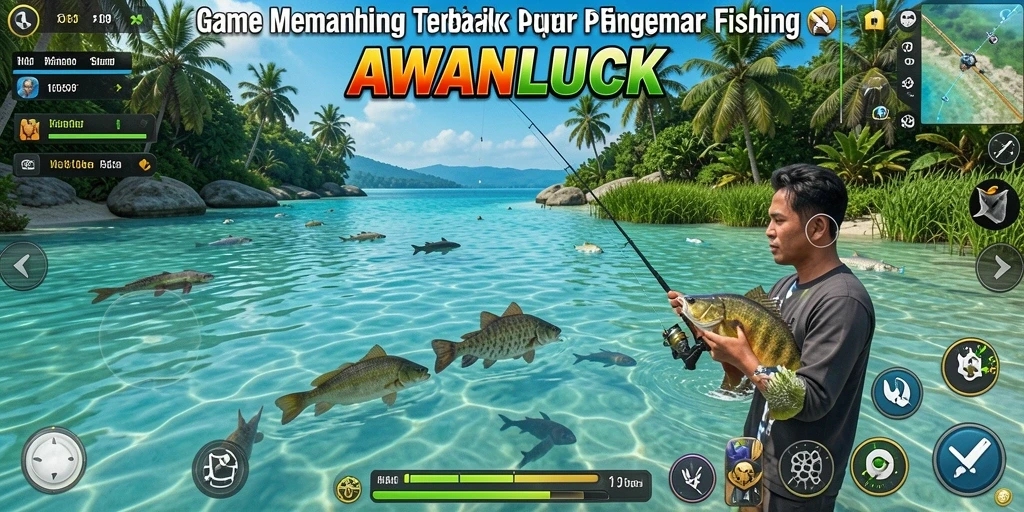 Tampilan gameplay seru dalam AWANLUCK dengan suasana memancing yang realistis.