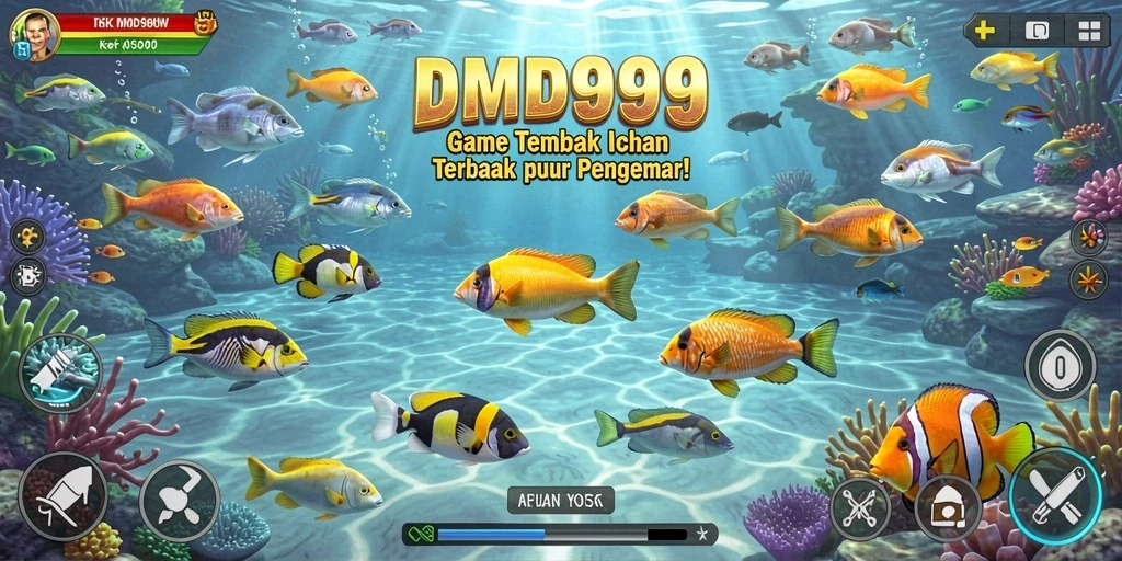 Gameplay seru DMD999 dengan ikan berwarna-warni yang menanti untuk ditangkap.