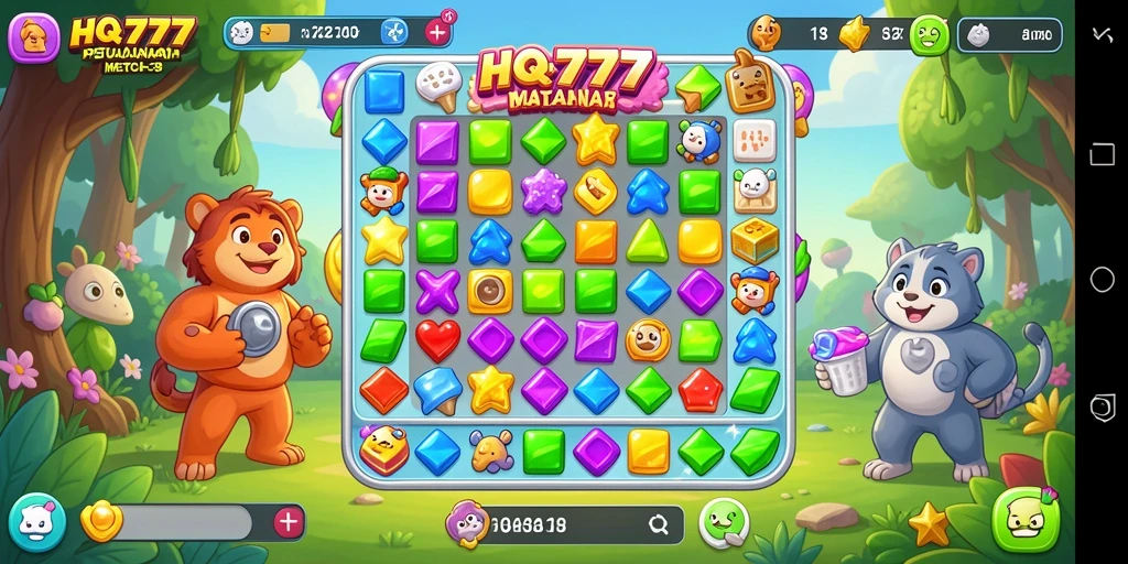 Screenshot utama HQ777 menampilkan gameplay Match-3 yang seru.