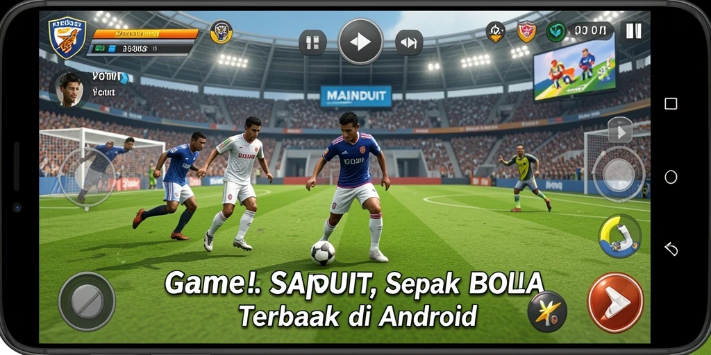 Tangkapan layar utama MAINDUIT menampilkan aksi seru di lapangan sepak bola.