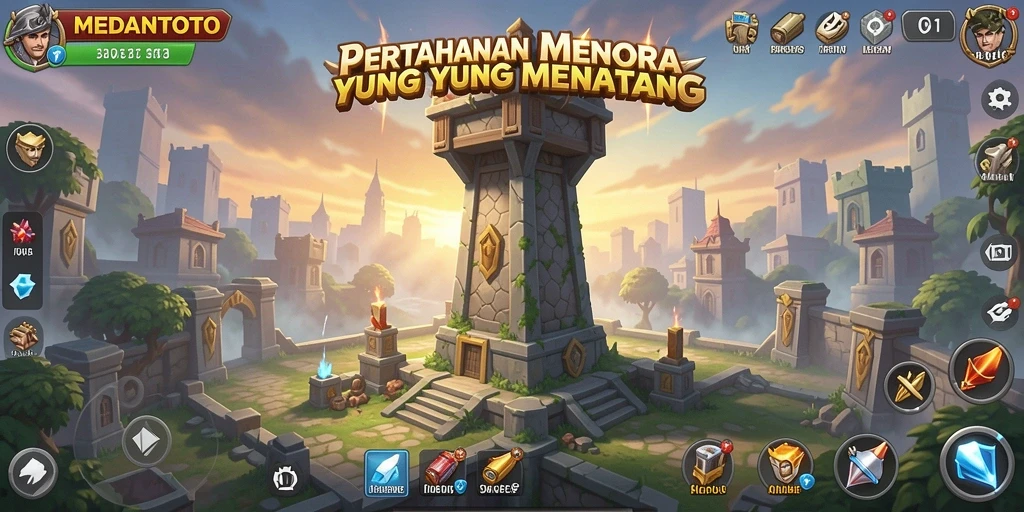 Screenshot gameplay menara pertahanan penuh aksi dan strategi.