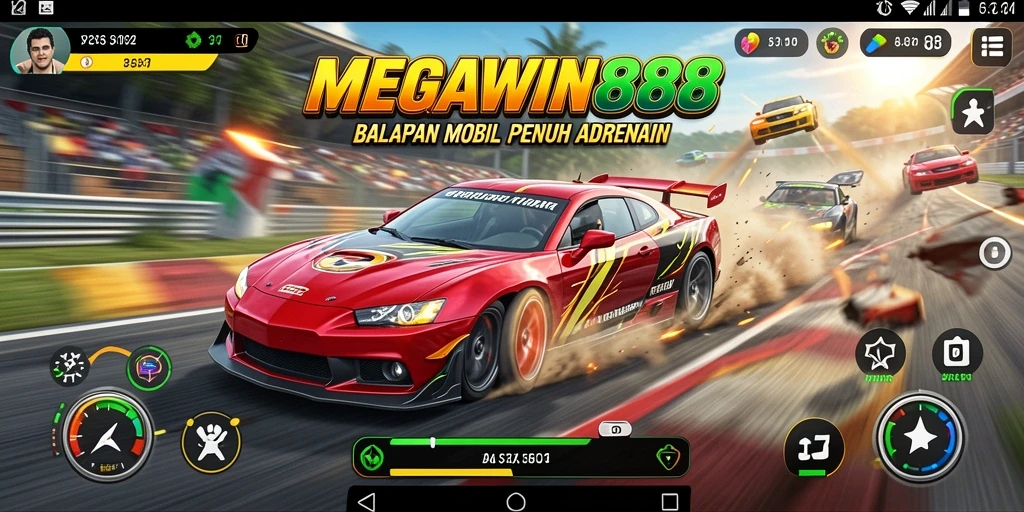 Screenshot utama MEGAWIN888 menampilkan aksi balapan yang seru.