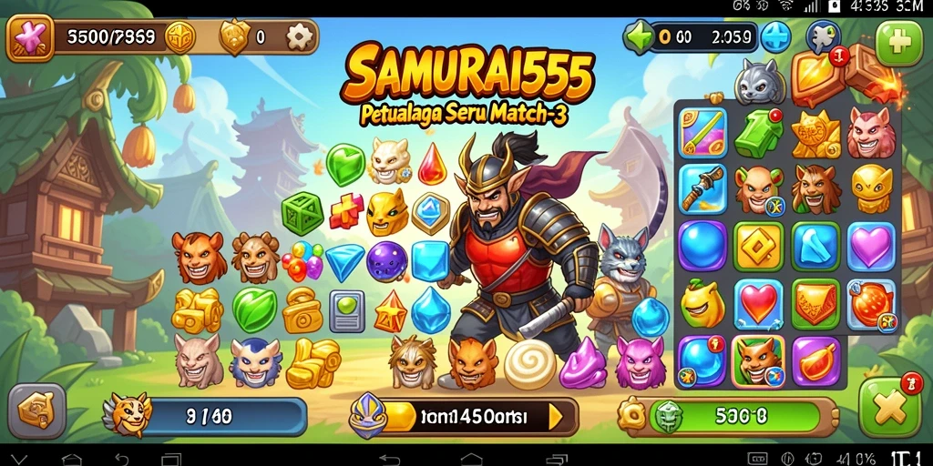 Tampilan gameplay seru dalam SAMURAI555, penuh tantangan Match-3.