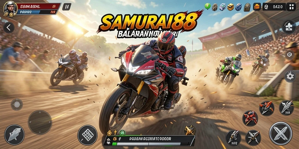 Screenshot gameplay SAMURAI88 menampilkan aksi balapan motor yang mendebarkan.