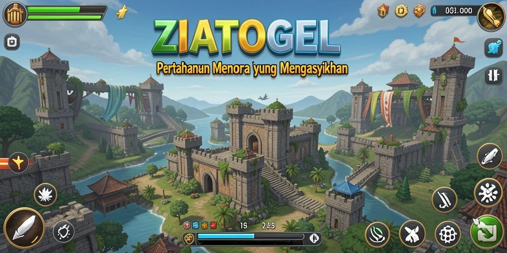 Tangkapan layar gameplay ZIATOGEL menunjukkan pertahanan menara yang strategis.